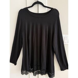 POPYOUNG Womens Black Long Sleeve Crochet Lace Hem Flowy Tunic Top Plus Size 2XL